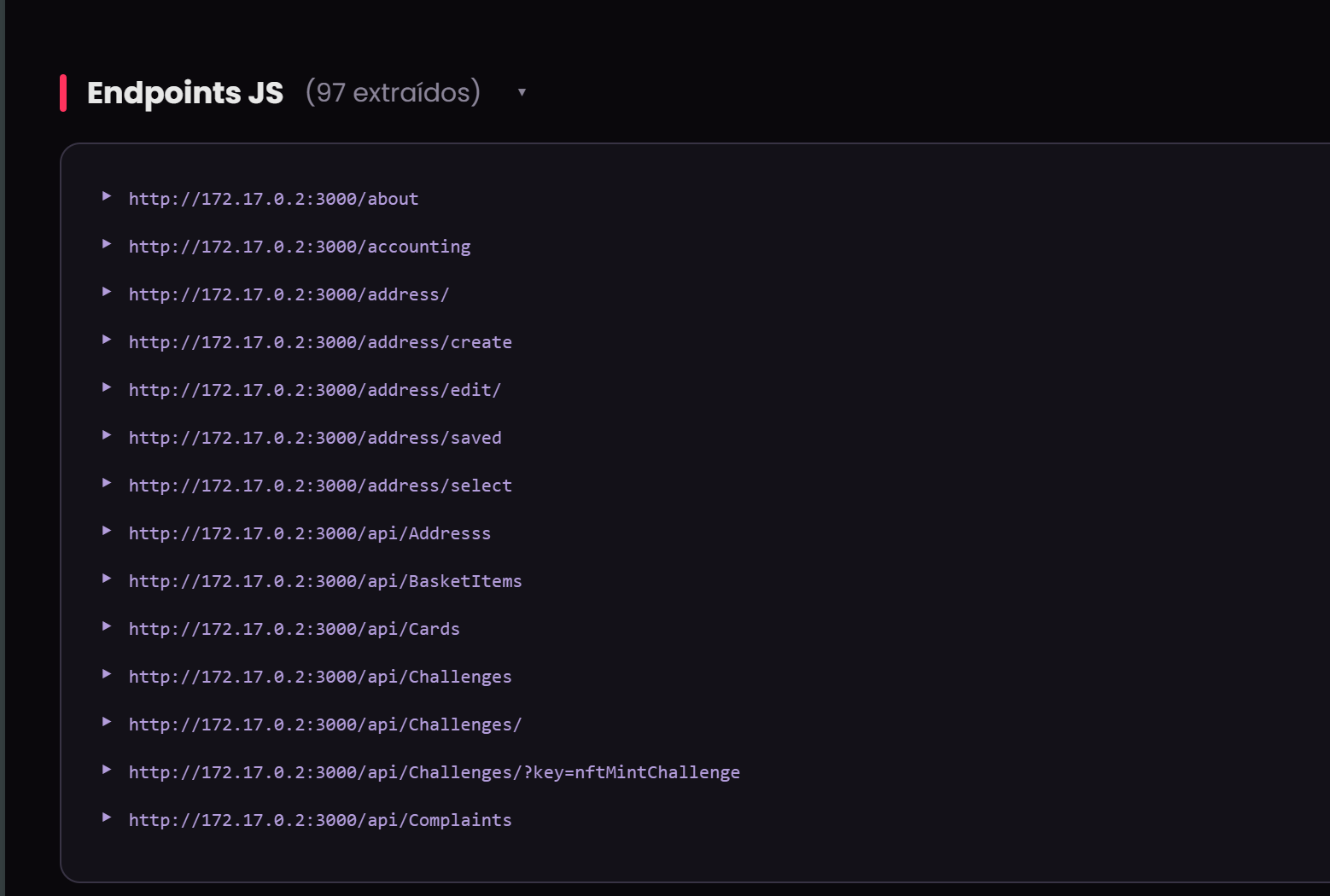 Endpoints JavaScript extraídos pelo RakRecon